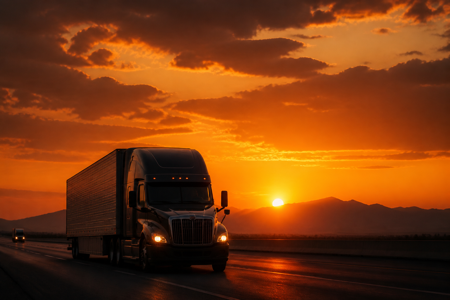 Semi truck at sunset